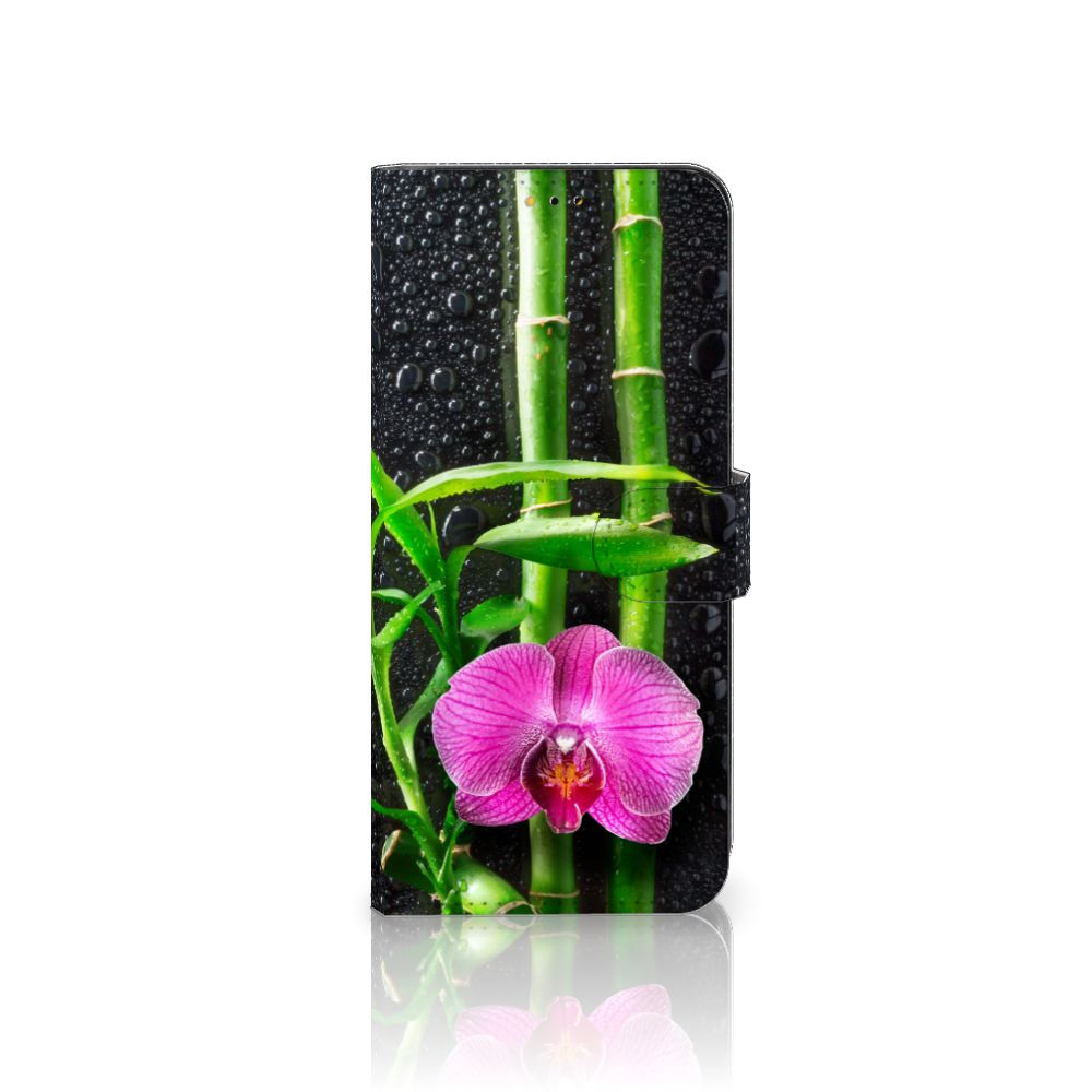 Samsung Galaxy A14 5G Hoesje Orchidee met elegante paarse orchidee en bamboe op een zwarte achtergrond.