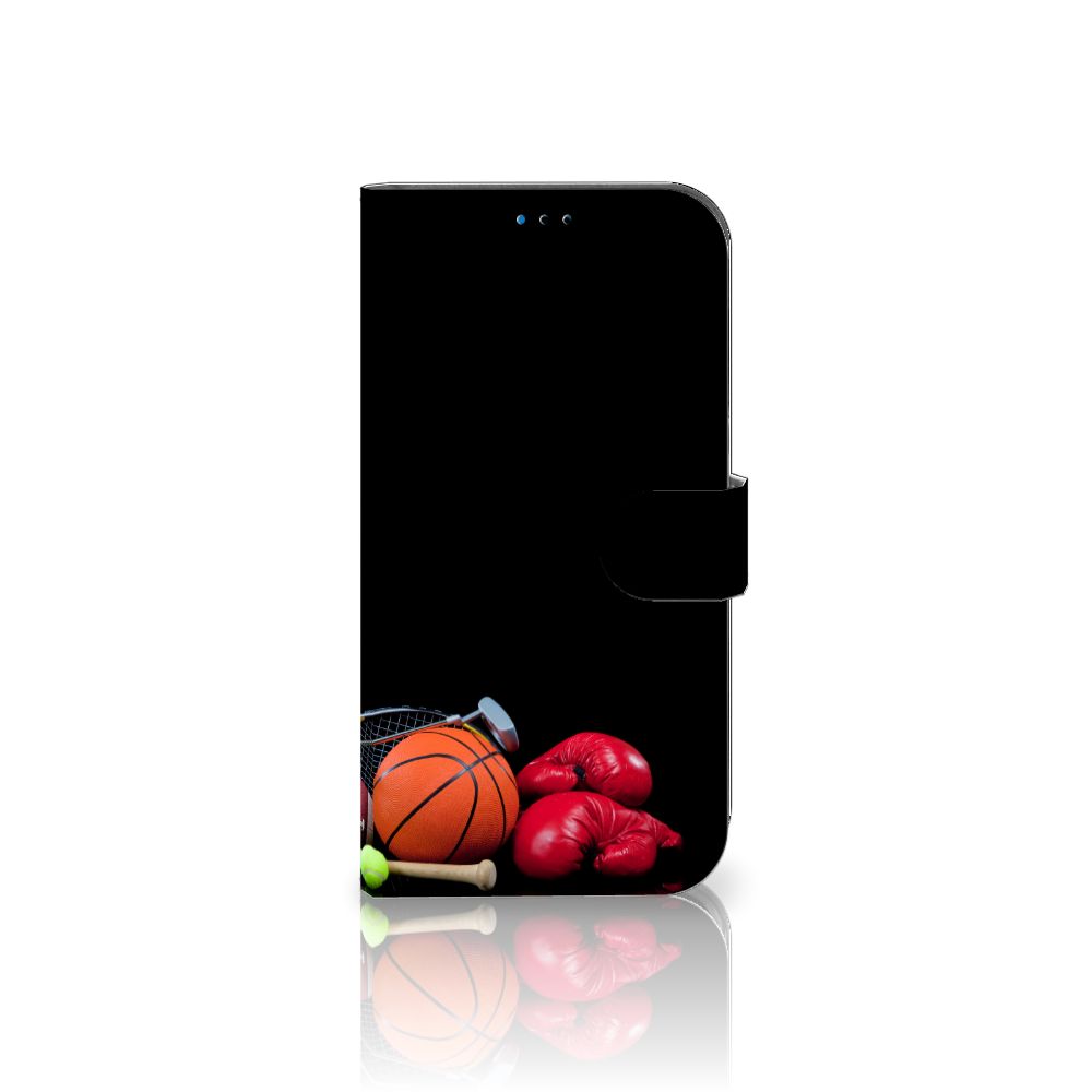 iPhone 14 Pro Max Wallet Case met Pasjes Sports met sportafbeeldingen zoals een basketbal en bokshandschoenen.