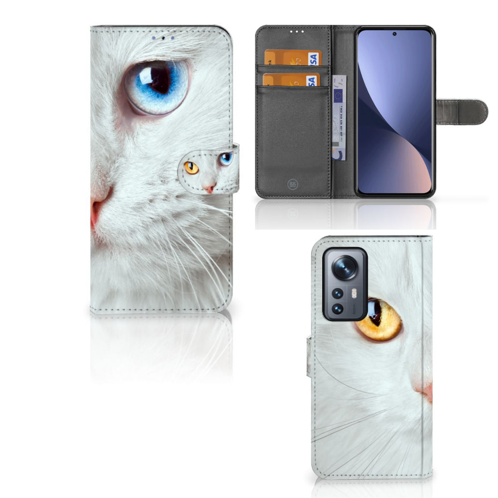 Xiaomi 12 Pro Telefoonhoesje met Pasjes Witte Kat