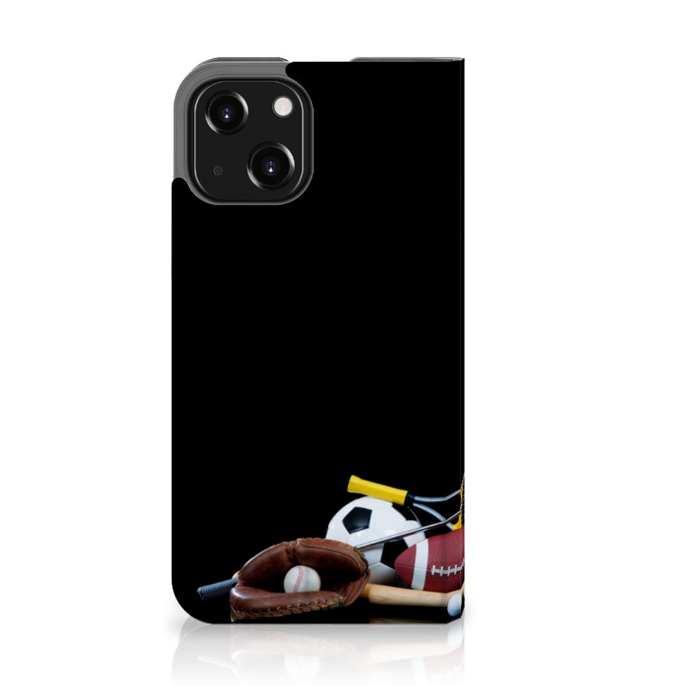 iPhone 13 Mini Hippe Standcase Sports design featuring various sports equipment including a soccer ball and baseball bat.