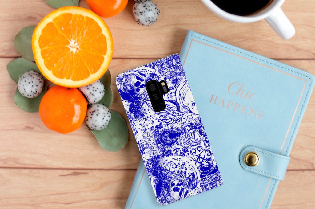 Mobiel BookCase Samsung Galaxy S9 Plus Angel Skull Blauw