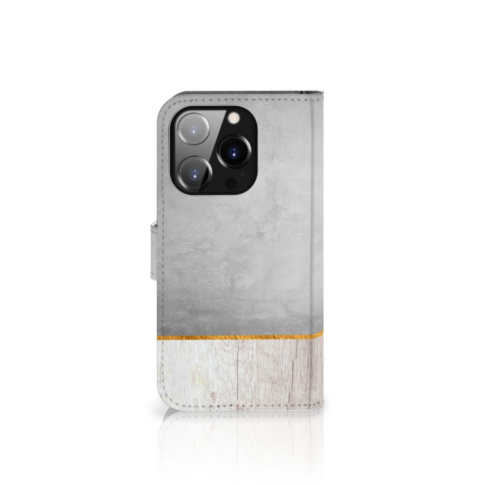 iPhone 14 Pro Book Style Case Wood Concrete met beton en hout design, duurzaam en stijlvol 📱