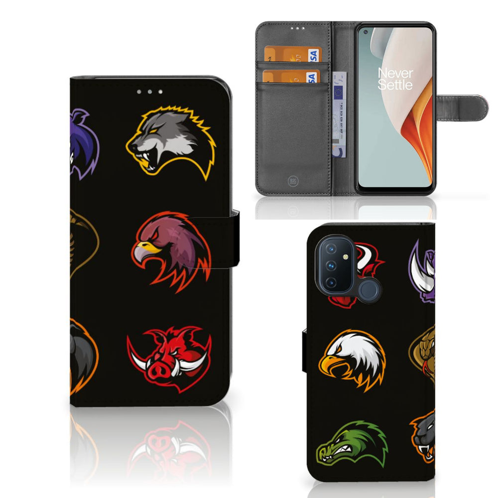 OnePlus Nord N100 Leuk Hoesje Cartoon met verschillende dieren cartoon designs op een zwart achtergrond.