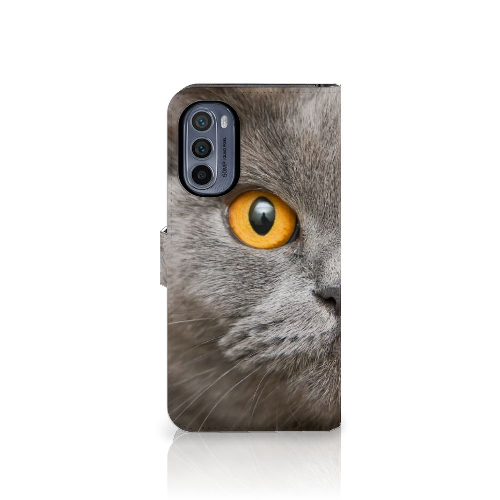 Telefoonhoesje met Pasjes Motorola Moto G62 5G Britse Korthaar met afbeelding van een grijze kat.