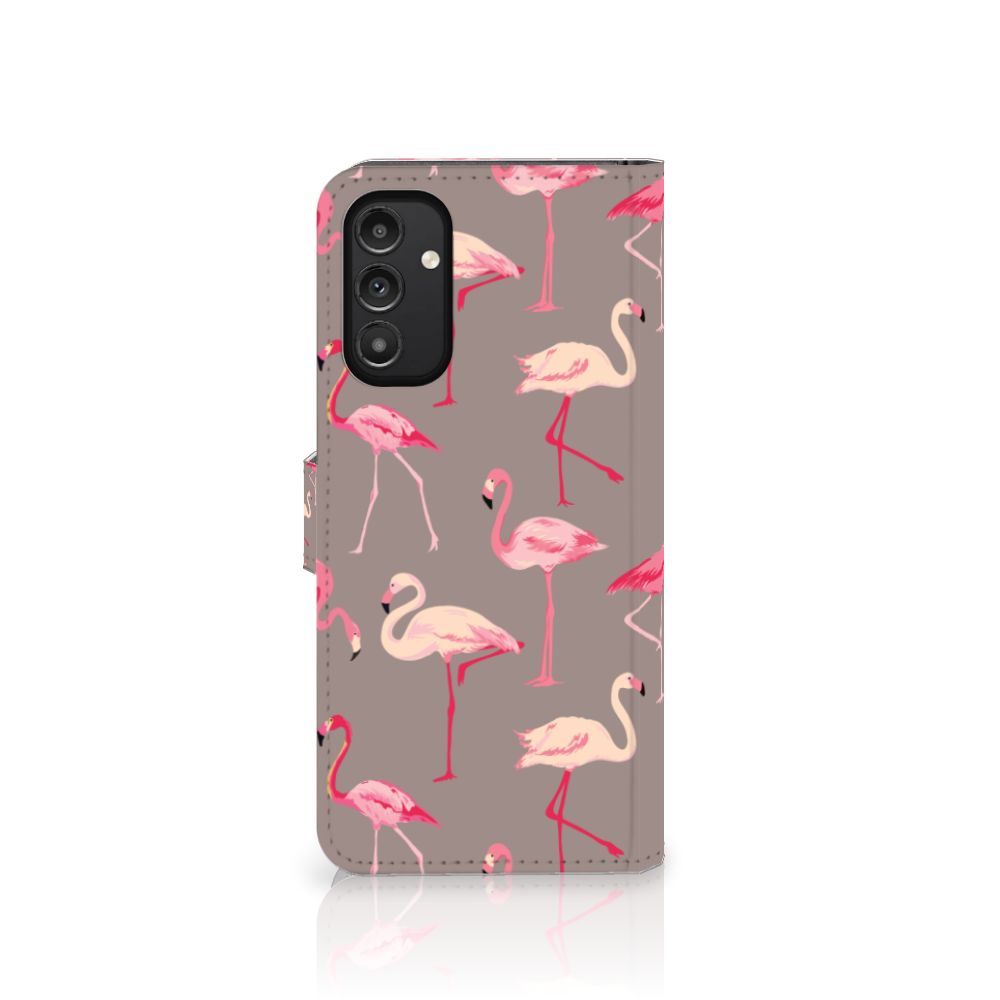 Samsung Galaxy A14 5G Telefoonhoesje met Pasjes Flamingo met tropische flamingo's op een stijlvolle achtergrond.