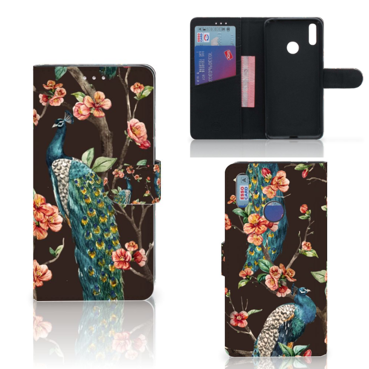 Huawei Y7 (2019) Telefoonhoesje met Pasjes Pauw met Bloemen