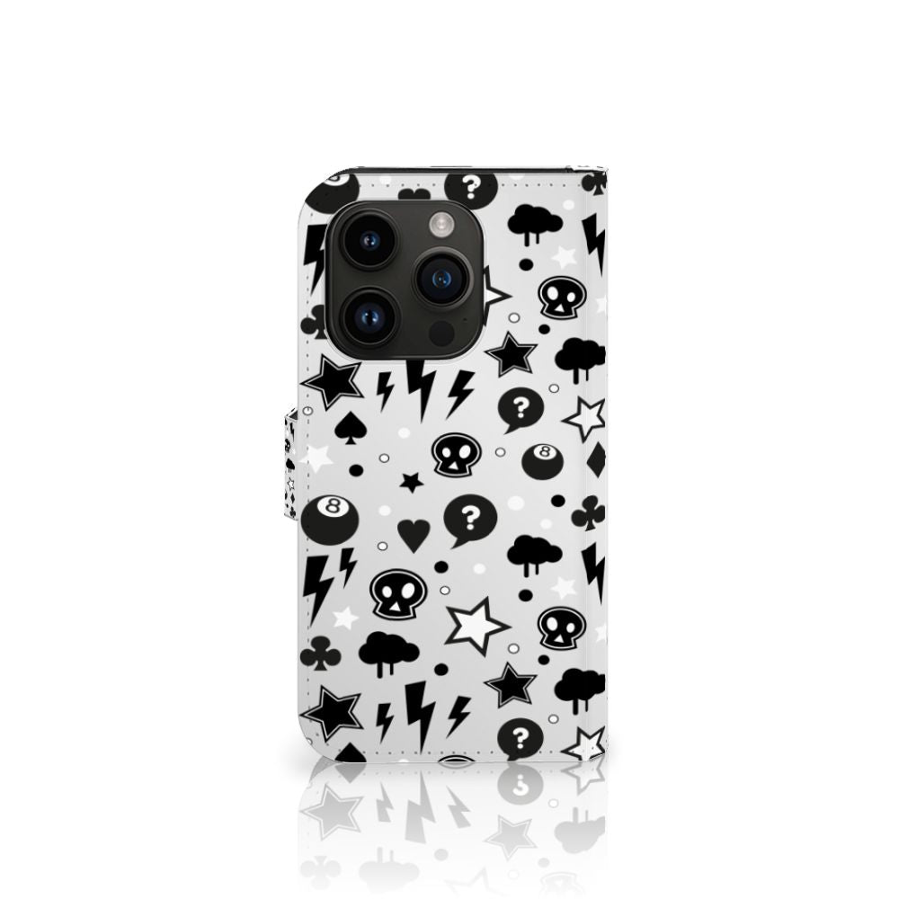 Telefoonhoesje met Naam iPhone 15 Pro Silver Punk met schattige symbolen en opvallend ontwerp.