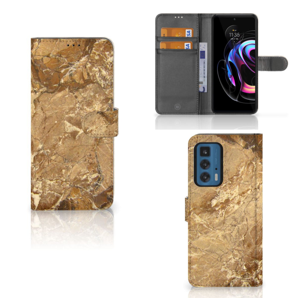 Motorola Edge 20 Pro Bookcase Marmer Creme met luxe marmerontwerp en pasjeshouder.