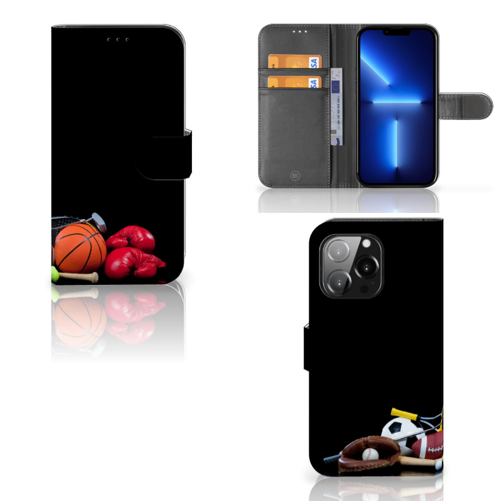 iPhone 13 Pro Wallet Case met Pasjes Sports met sportafbeeldingen zoals basketbal en voetbal.