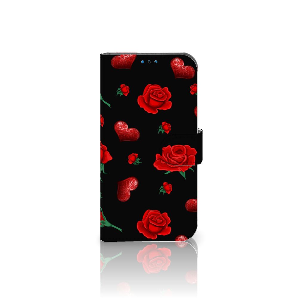 iPhone 14 Pro Leuk Hoesje Valentine met rode rozen en harten op een zwarte achtergrond 🌹❤️