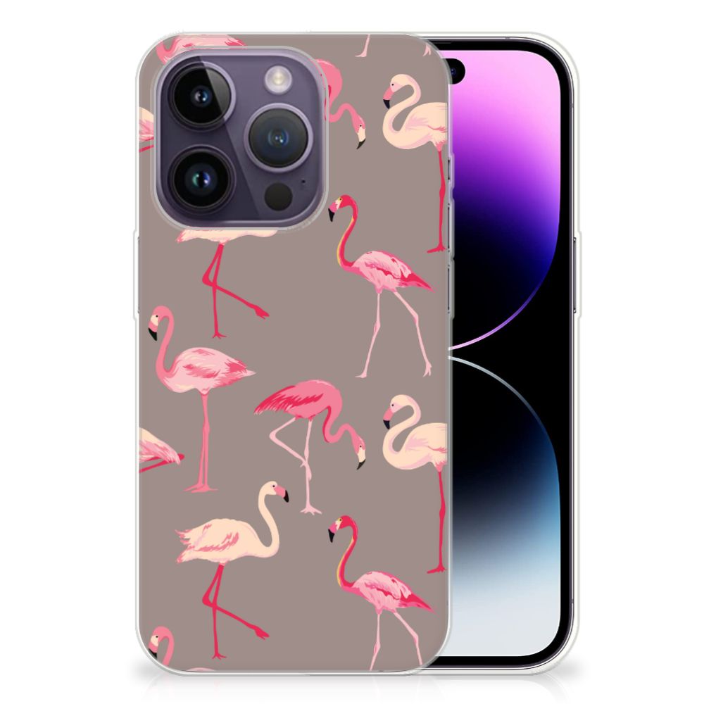 Apple iPhone 14 Pro TPU Hoesje Flamingo met kleurrijke flamingo's op een grijze achtergrond.