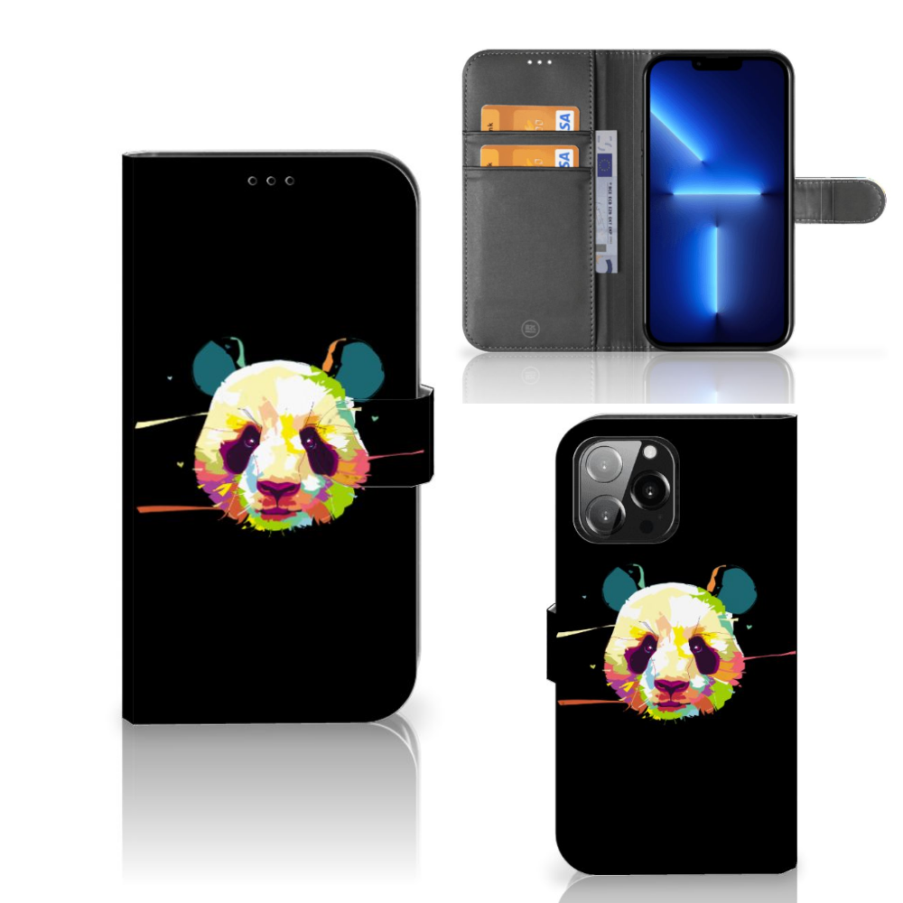 iPhone 13 Pro Max Leuk Hoesje Panda Color met kleurrijke panda en ruimte voor pasjes.