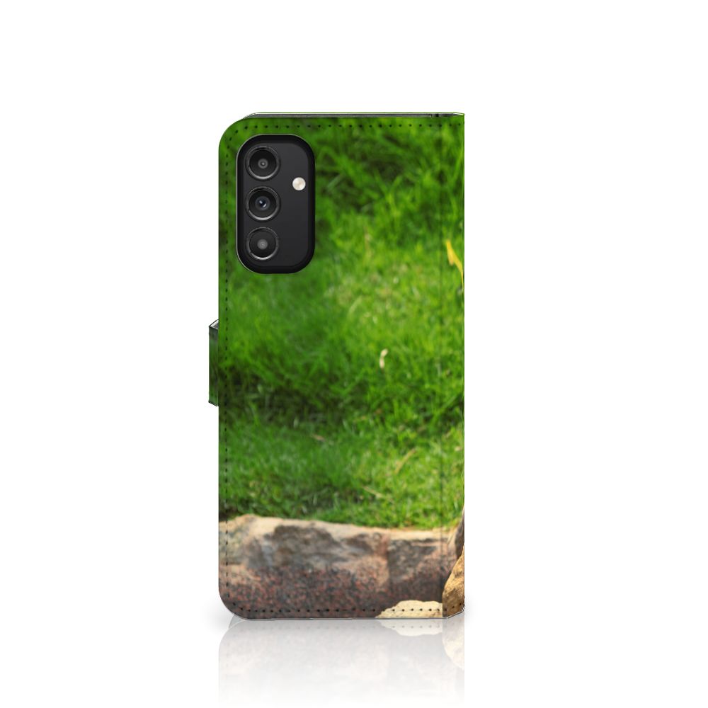 Samsung Galaxy A14 4G Telefoonhoesje met Pasjes Panda, met een prachtig panda design op een groene achtergrond.