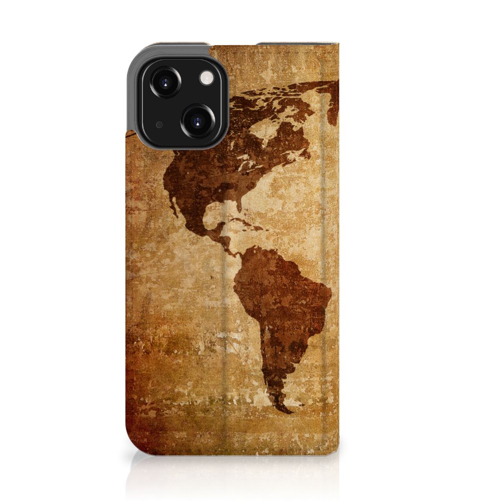 iPhone 13 Mini Book Cover Wereldkaart wereldkaart bruin beige achteraanzicht