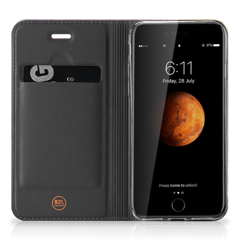 Stand Case voor iPhone 7 | 8 | SE (2020) | SE (2022) Regenboog met een ruimte voor een pasje en een beeld van Mars.