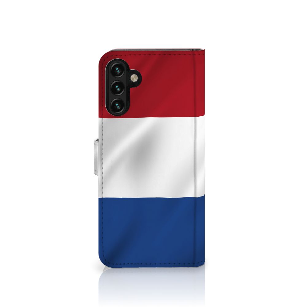 Samsung Galaxy A04s | Samsung Galaxy A13 5G Bookstyle Case Nederlandse Vlag met artistiek ontwerp.