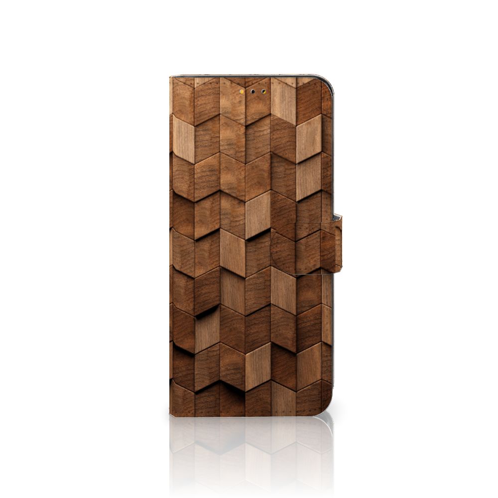 Book Style Case voor Samsung Galaxy A14 5G Wooden Cubes met een unieke houtprint design.