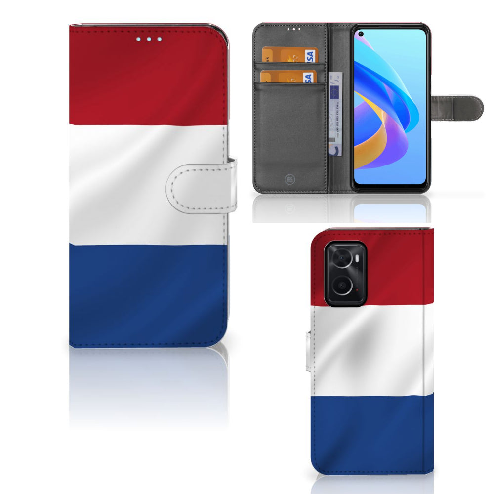 OPPO A76 | A96 Bookstyle Case Nederlandse Vlag met pasjes en artistiek ontwerp van de Nederlandse vlag