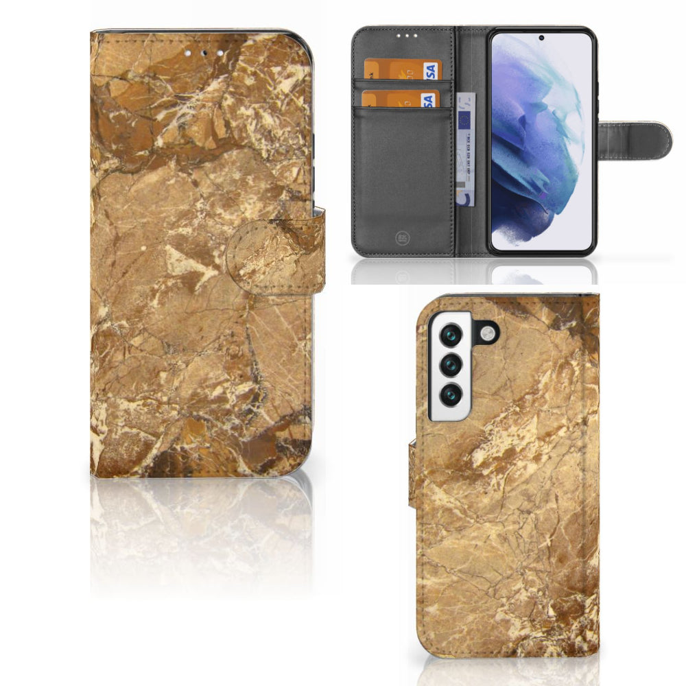 Samsung Galaxy S22 Bookcase Marmer Creme met pasjes en luxe marmerdesign in crème kleur.