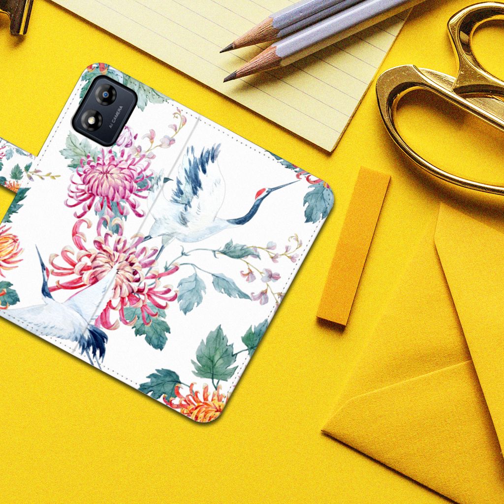 Motorola Moto E13 4G Telefoonhoesje met Pasjes Bird Flowers