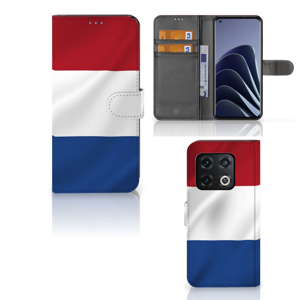 OnePlus 10 Pro Bookstyle Case Nederlandse Vlag met pasjes en artistiek ontwerp van de Nederlandse vlag.