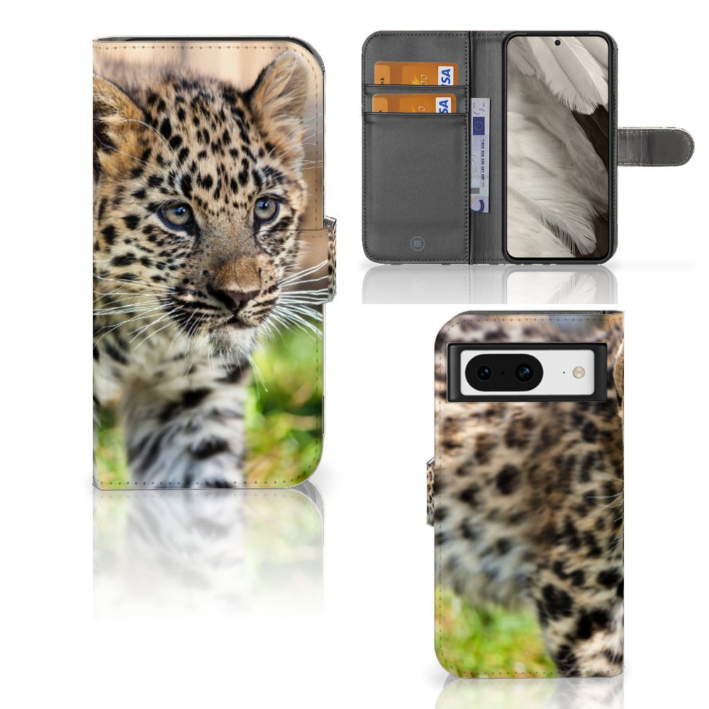 Google Pixel 8 Telefoonhoesje met Pasjes Baby Luipaard