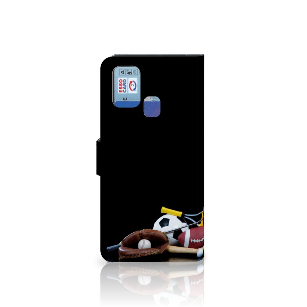 Samsung Galaxy M31 Wallet Case met Pasjes Sports met diverse sportattributen op een zwarte achtergrond.