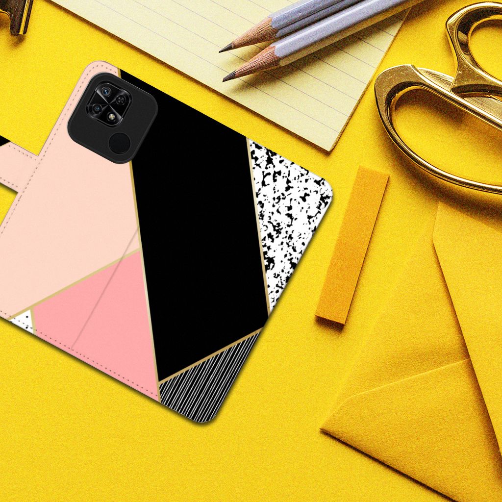 Xiaomi Redmi 10C Book Case Zwart Roze Vormen