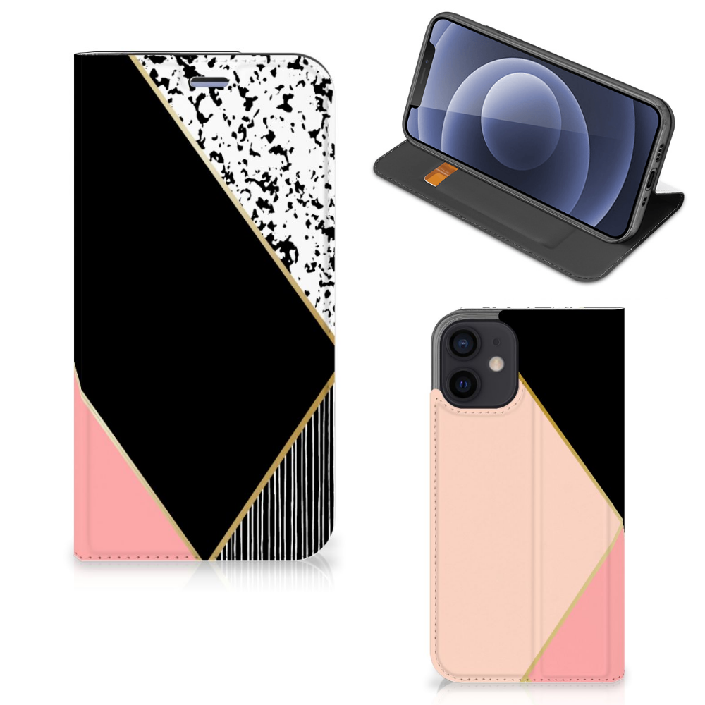 iPhone 12 Mini Stand Case Zwart Roze Vormen - B2C Telecom