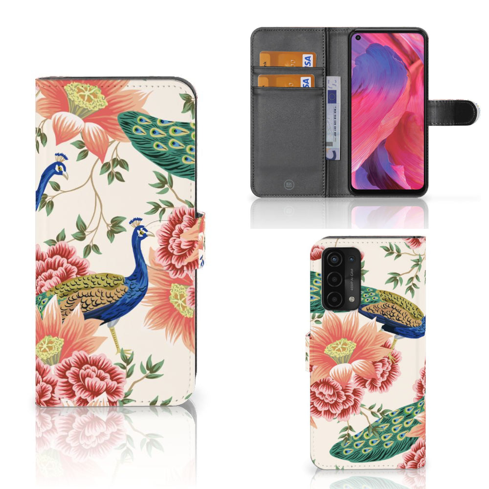 Telefoonhoesje met Pasjes voor OPPO A54 5G | A74 5G | A93 5G Pink Peacock