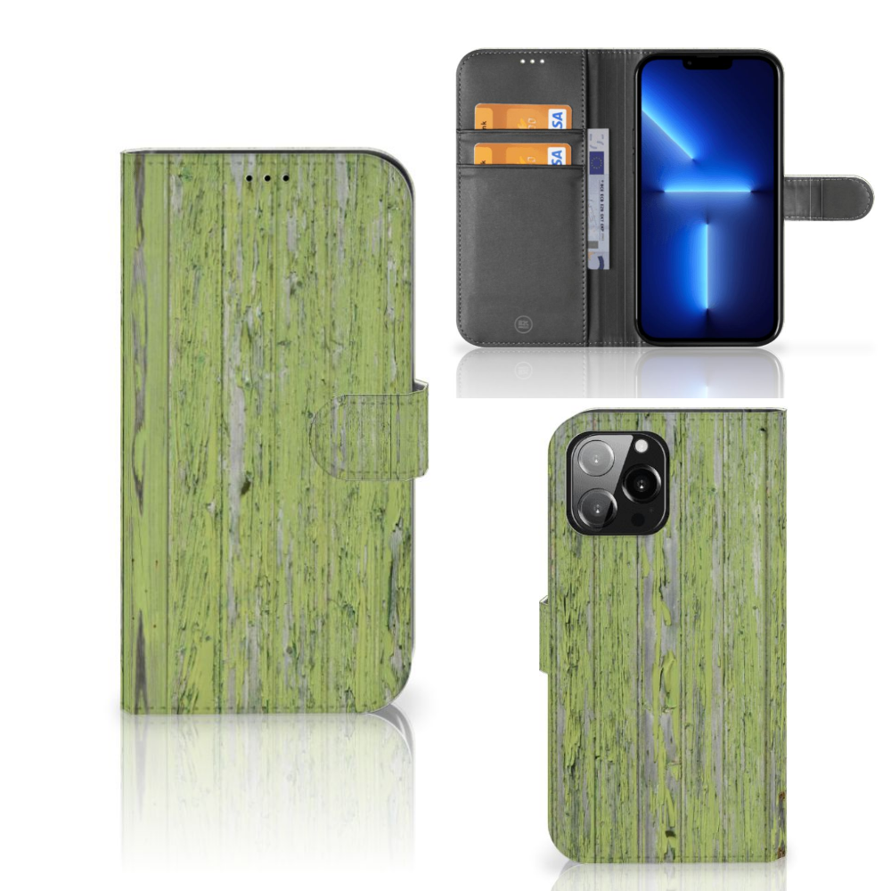 iPhone 13 Pro Max Book Style Case Green Wood met trendy groen houten design en handige pasjeshouders 🌳