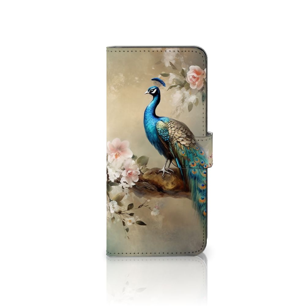 Telefoonhoesje met Pasjes voor Samsung Galaxy A14 4G Vintage Pauwen met kleurrijke pauw en bloemen design.