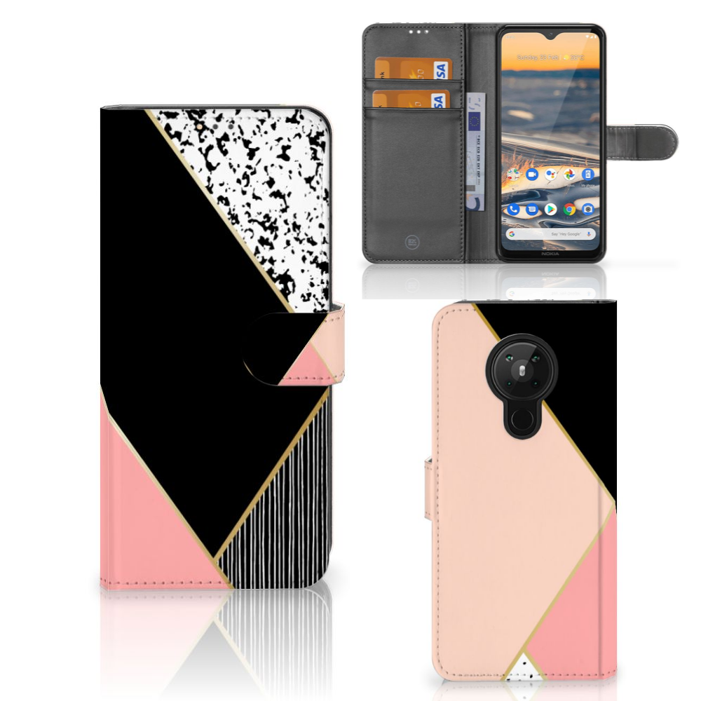 Nokia 5.3 Book Case Zwart Roze Vormen