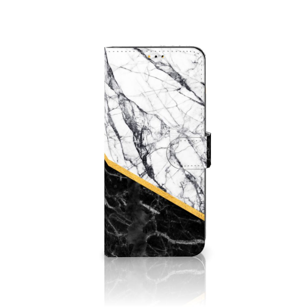 Samsung Galaxy A14 5G Bookcase Marmer Wit Zwart - Origineel Cadeau Man met zwart-wit marmer en gouden lijn design.