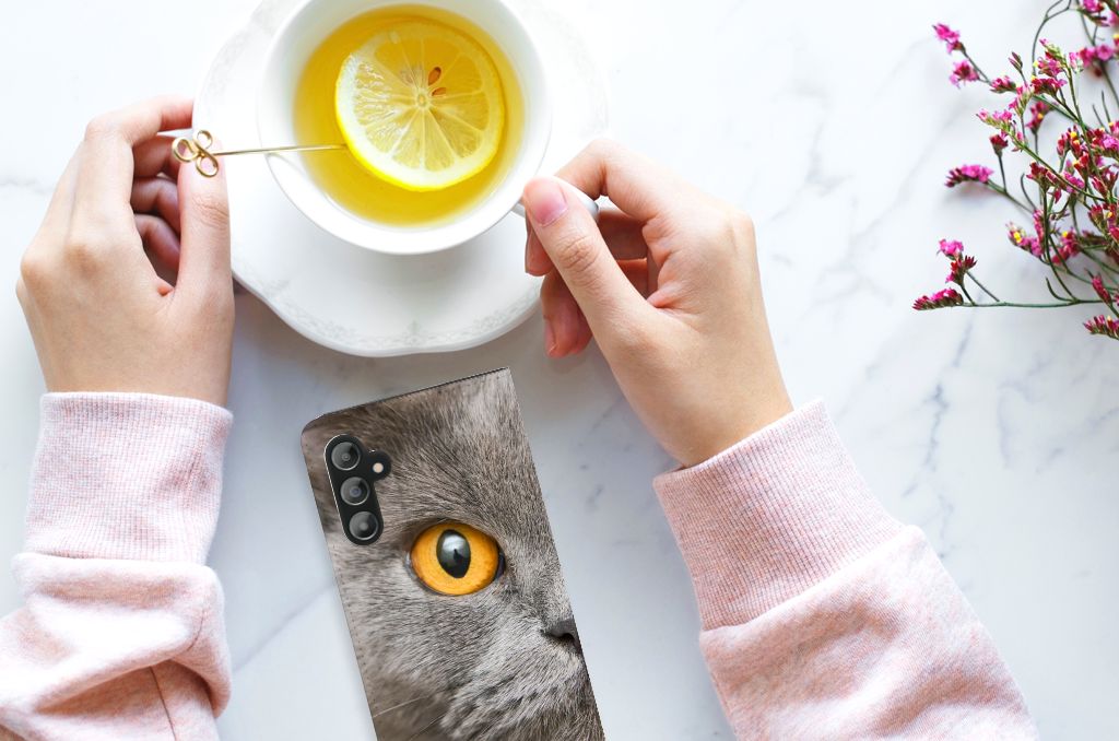 Hoesje maken Samsung Galaxy A14 5G Britse Korthaar met een opvallende kattenafbeelding.