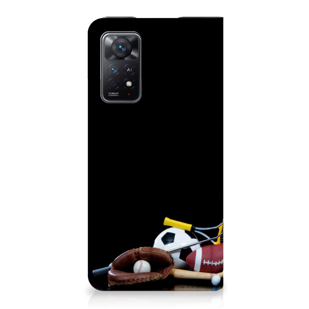 Xiaomi Redmi Note 11 Pro Hippe Standcase Sports with sports equipment designs and card holder feature.