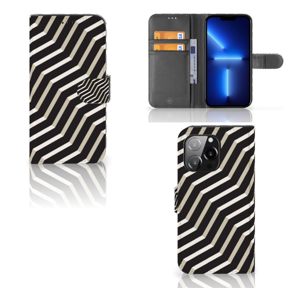 iPhone 13 Pro Book Case Illusion met abstracte zwart-witte streepdesign en opengeklapt voor interieur weergave.