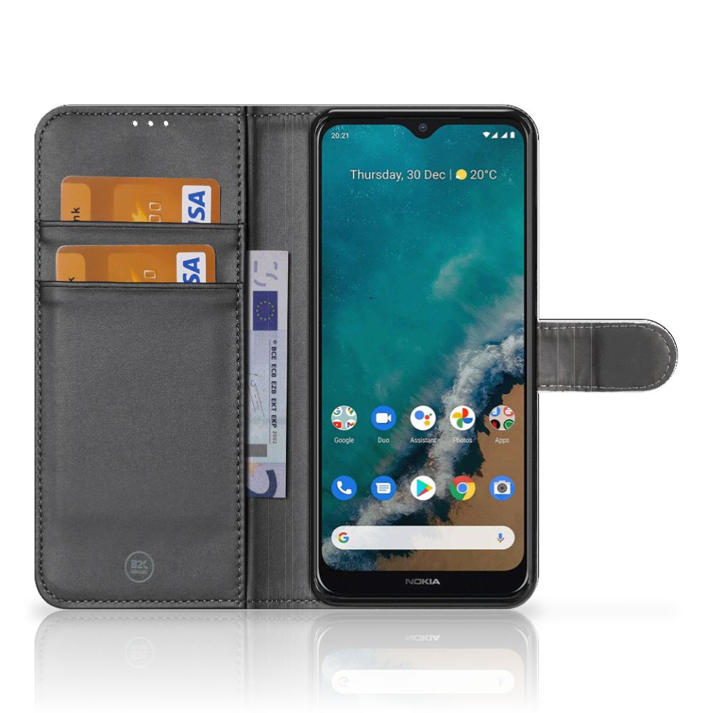 Nokia G50 Wallet Case met Pasjes Sports design met pasjeshouders en telefoon zichtbaar.