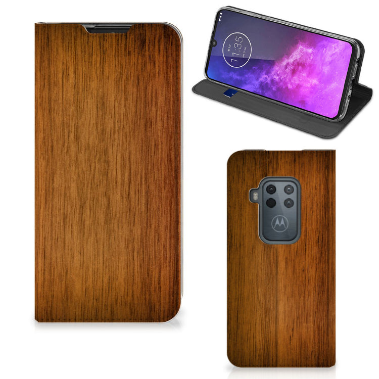 Motorola One Zoom Book Wallet Case Donker Hout