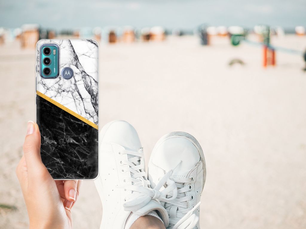 Motorola Moto G60 TPU Siliconen Hoesje Marmer Wit Zwart - Origineel Cadeau Man B2C Telecom