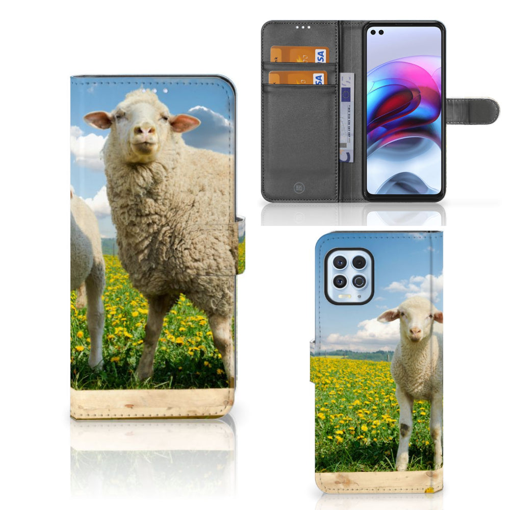 Motorola Moto G100 Telefoonhoesje met Pasjes Schaap en Lammetje