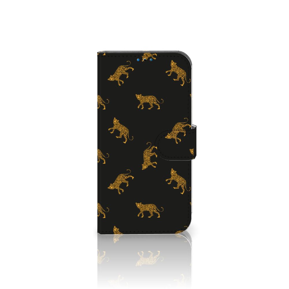 Telefoonhoesje met Pasjes voor iPhone 14 Pro Leopards met luipaardprint op een zwart hoesje 🐆.