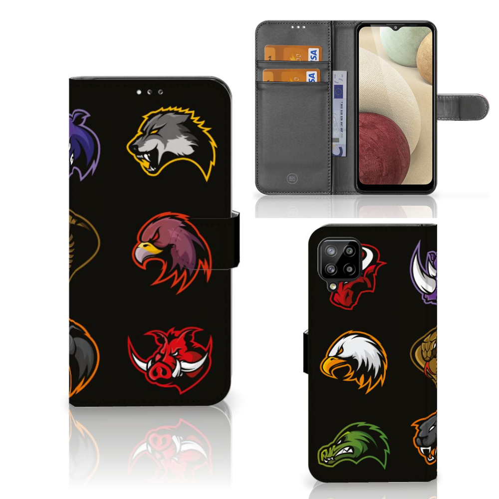 Samsung Galaxy A12 Leuk Hoesje Cartoon met kleurrijke dierenprints en ruimte voor pasjes.