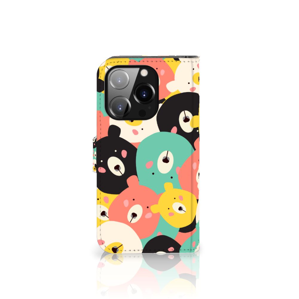 iPhone 14 Pro Leuk Hoesje Bears met schattige, kleurrijke beertjes in zwart, geel, blauw en roze.