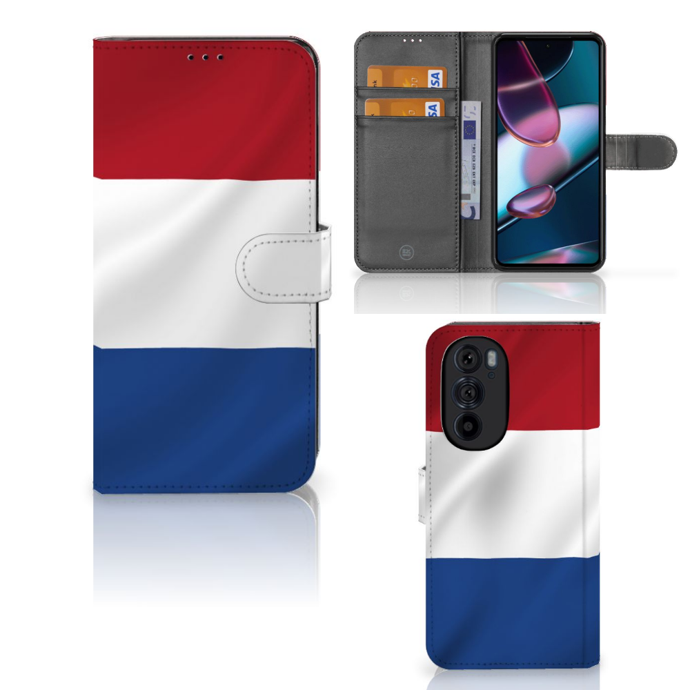 Motorola Edge 30 Pro Bookstyle Case Nederlandse Vlag met pasjes vak en artistiek ontwerp