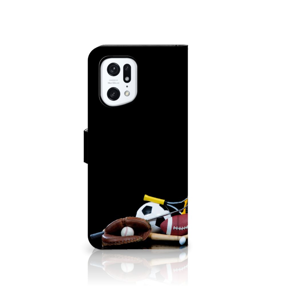 OPPO Find X5 Pro Wallet Case met Pasjes Sports met verschillende sportattributen.