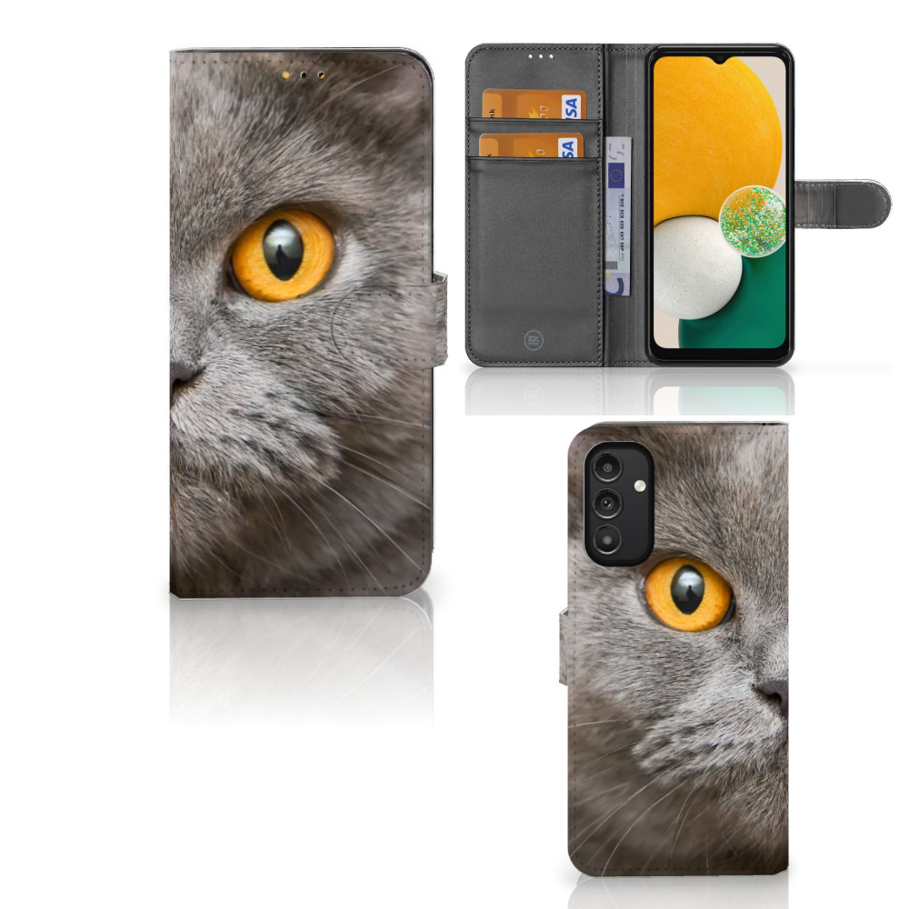 Telefoonhoesje met Pasjes Samsung Galaxy A14 5G Britse Korthaar met afbeelding van kat.