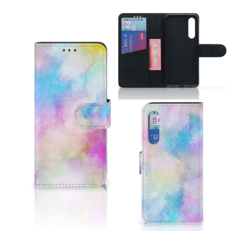 Hoesje Xiaomi Mi 9 SE Watercolor Light, pastel kleuren, met pasjeshouder, uniek en kleurrijk ontwerp.