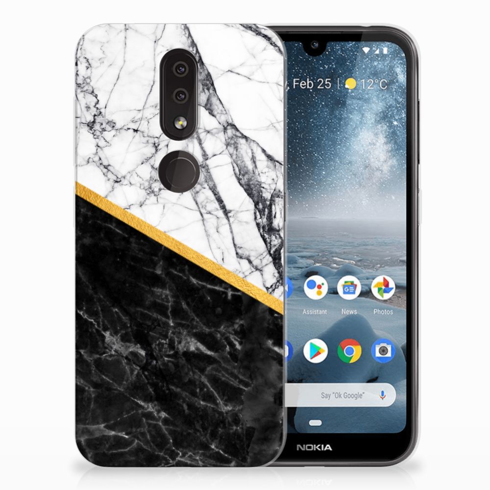 Nokia 4.2 TPU Siliconen Hoesje Marmer Wit Zwart - Origineel Cadeau Man