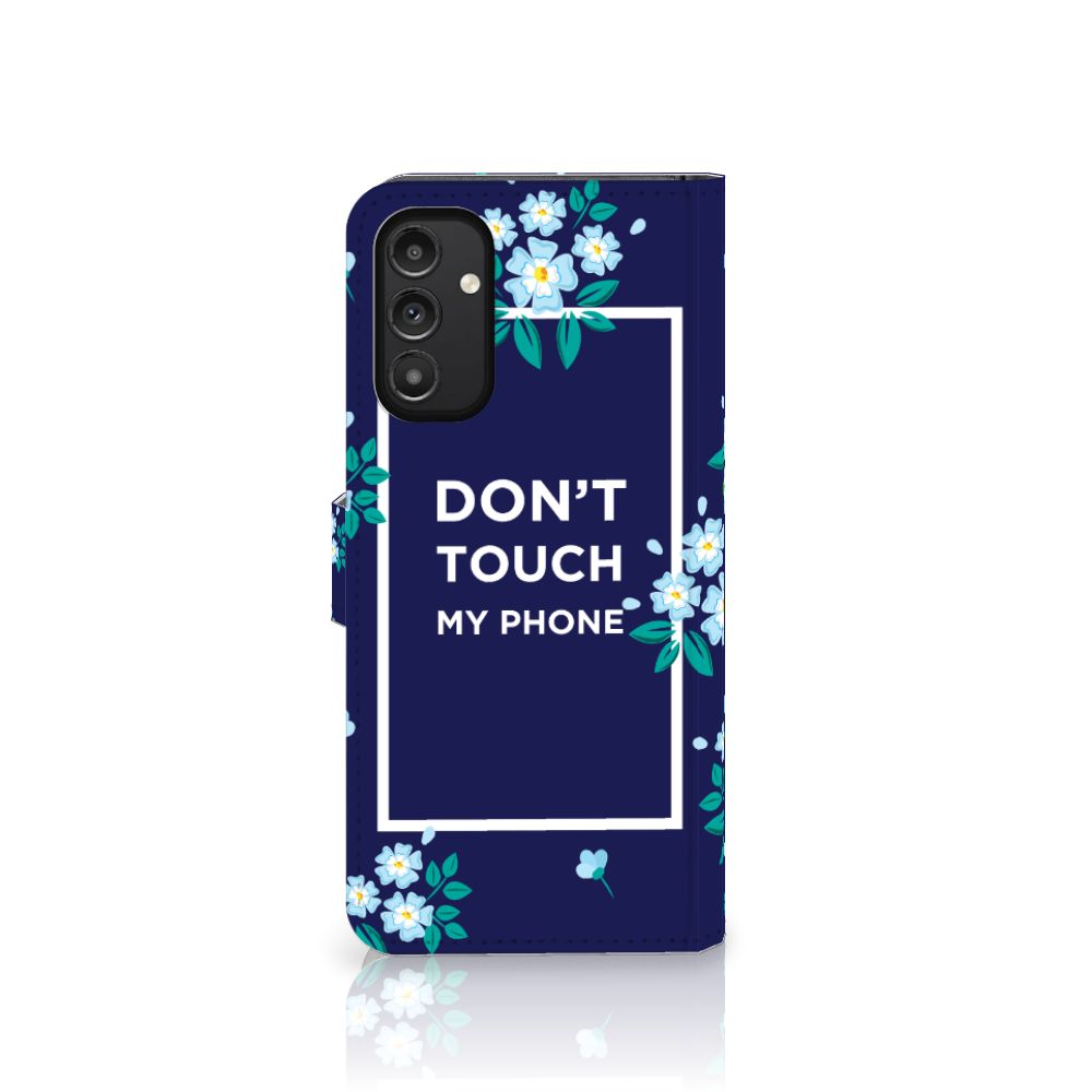Samsung Galaxy A14 5G Portemonnee Hoesje Flowers Blue DTMP met bloemen en tekst 'DON'T TOUCH MY PHONE'